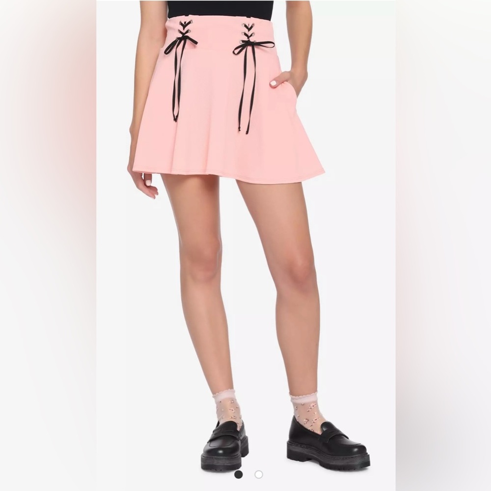 Hot Topic Midnight Hour Pastel Pink Lace-Up Skater Skirt Sz L Coquette Mall Goth